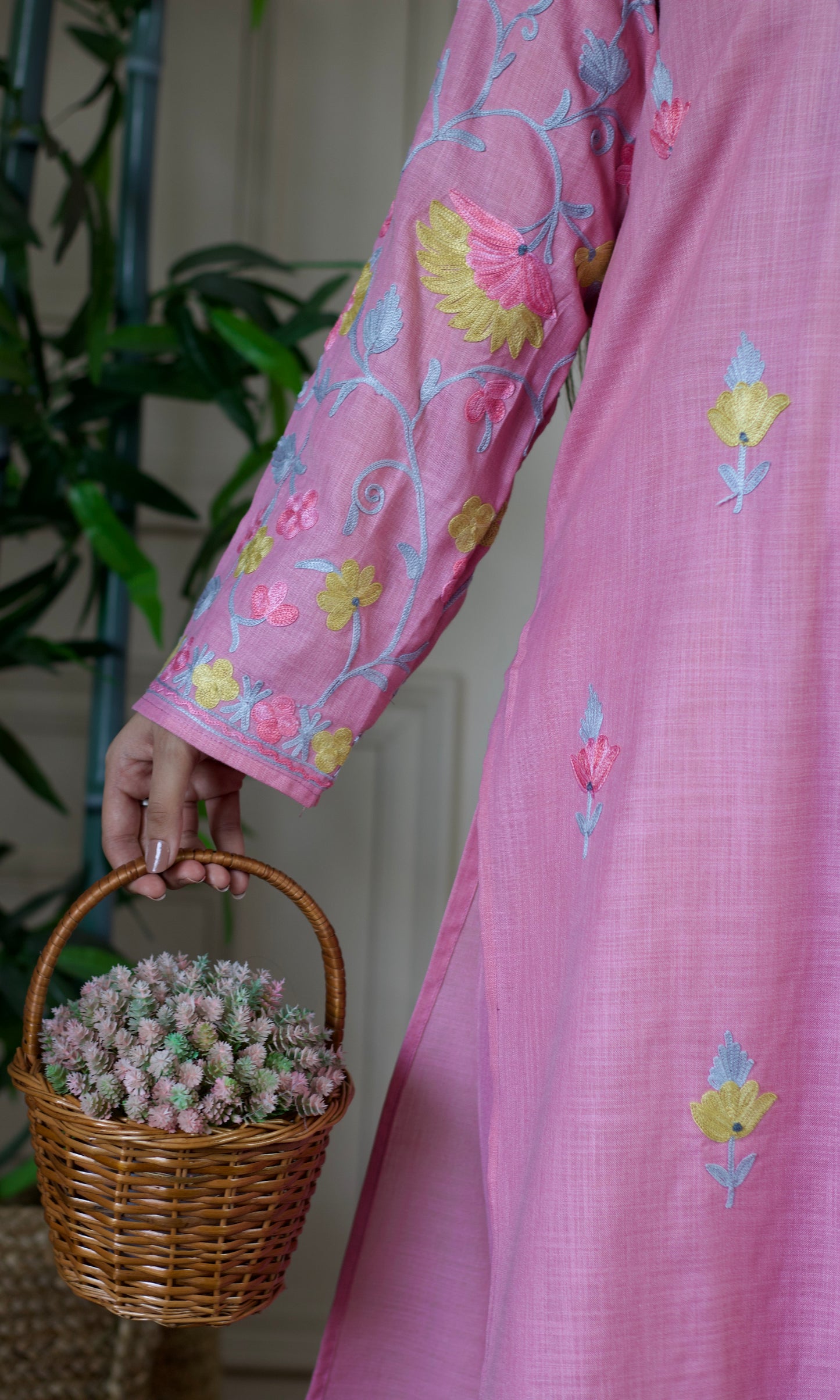 Light Pink Aari Embroidered Cotton Co-ord Set