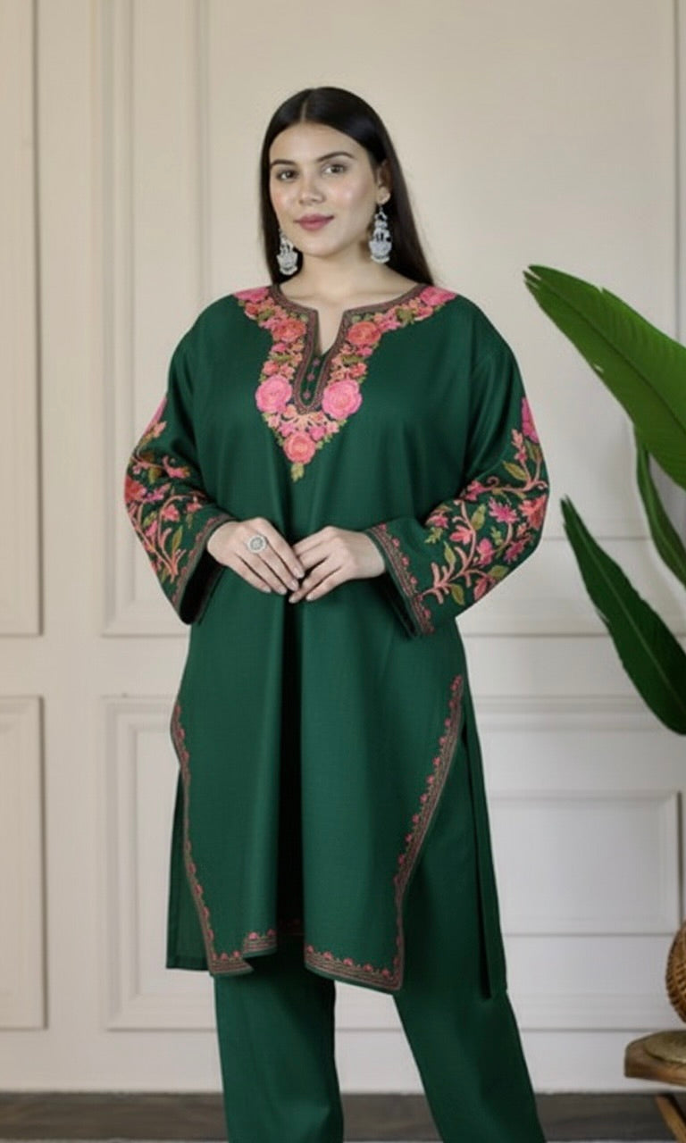 Bottle Green Kashmiri Aari Woollen Co-ord Set - Blush Bloom