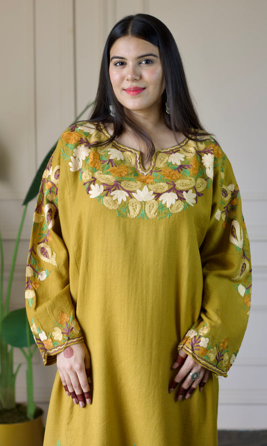 Mustard Aari Embroidered Wool Pheran