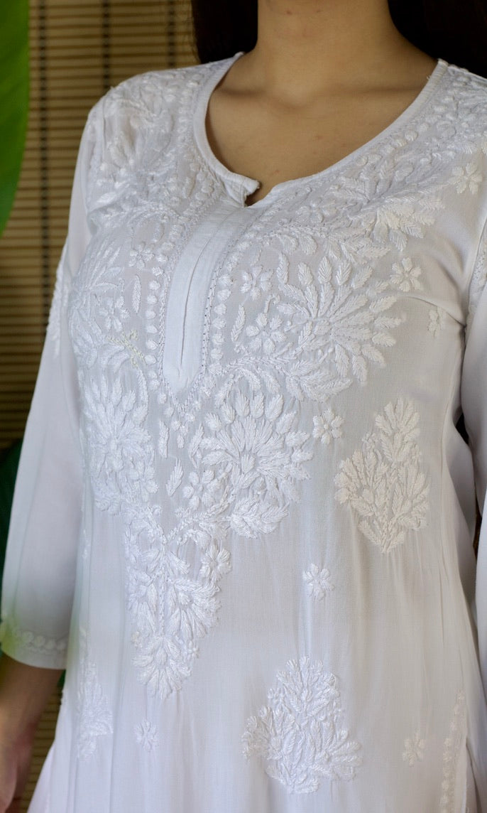 Rayon Chikankari Long Kurta – White