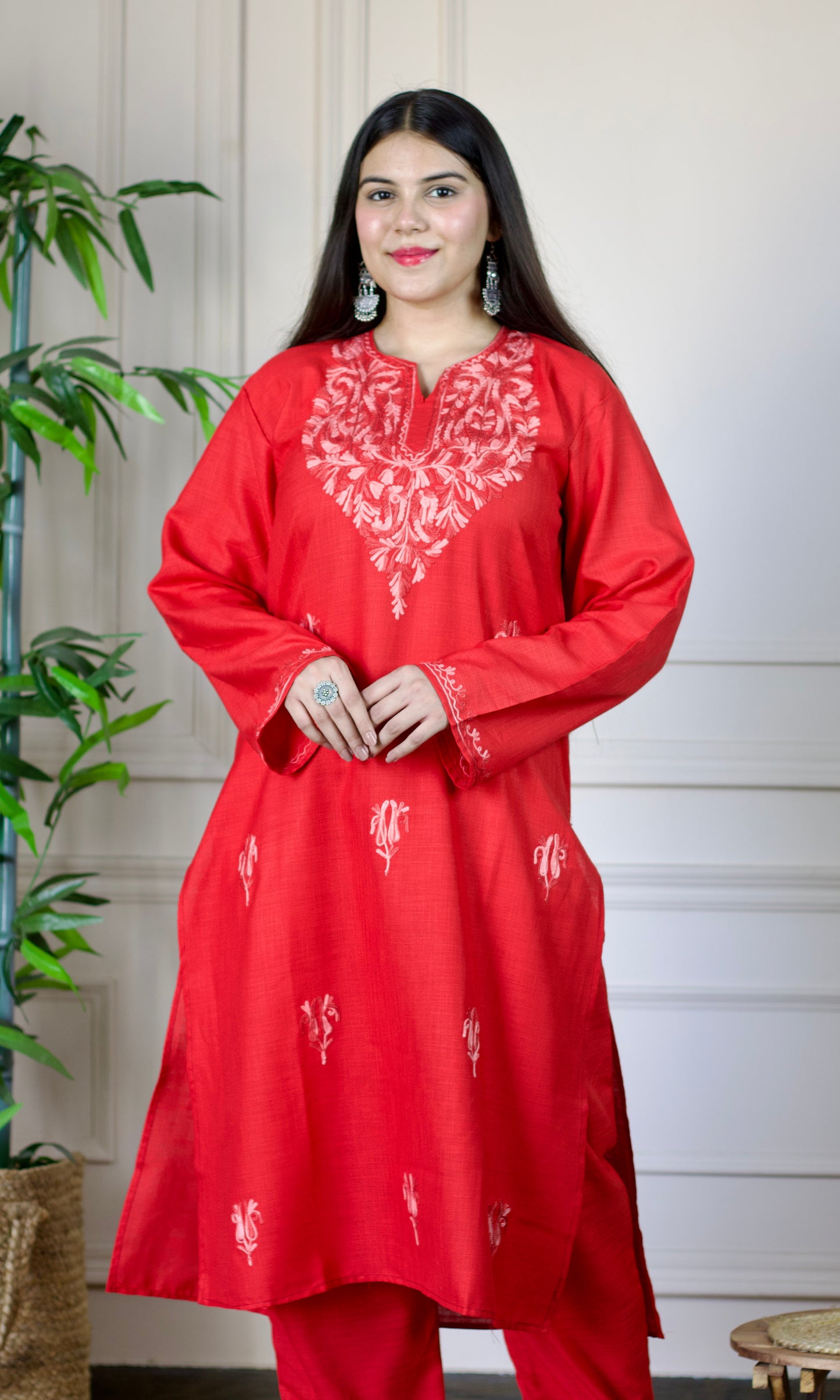 Red Aari Embroidered Cotton Co-ord Set