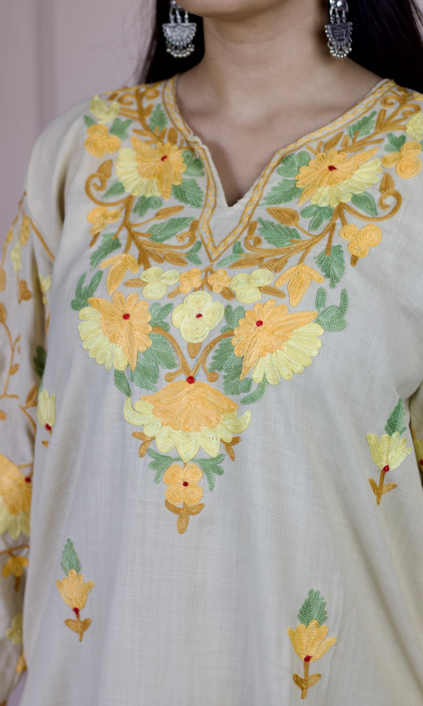 Beige Aari Embroidered Cotton Co-ord Set