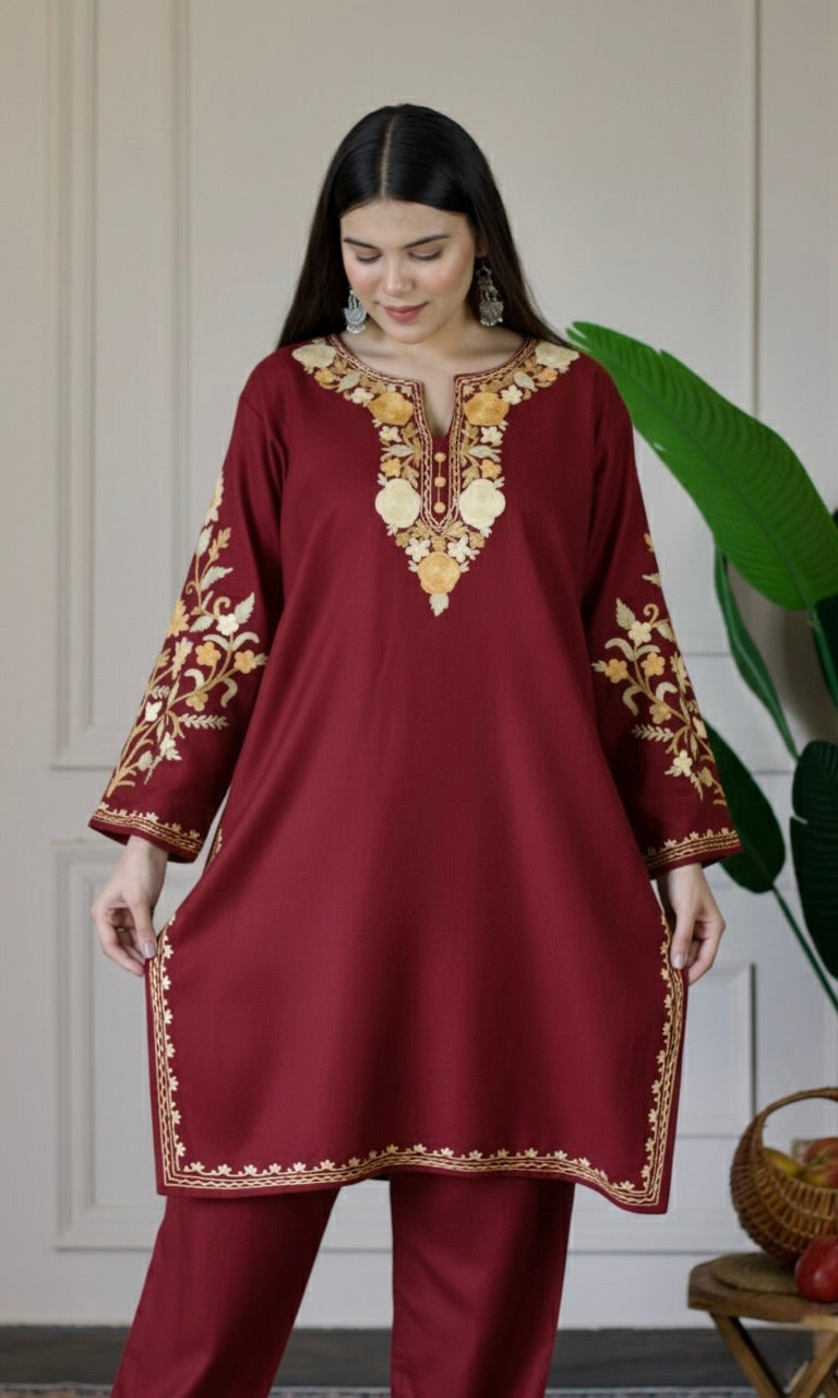 Red Kashmiri Aari Woollen Co-ord Set - Golden Dawn