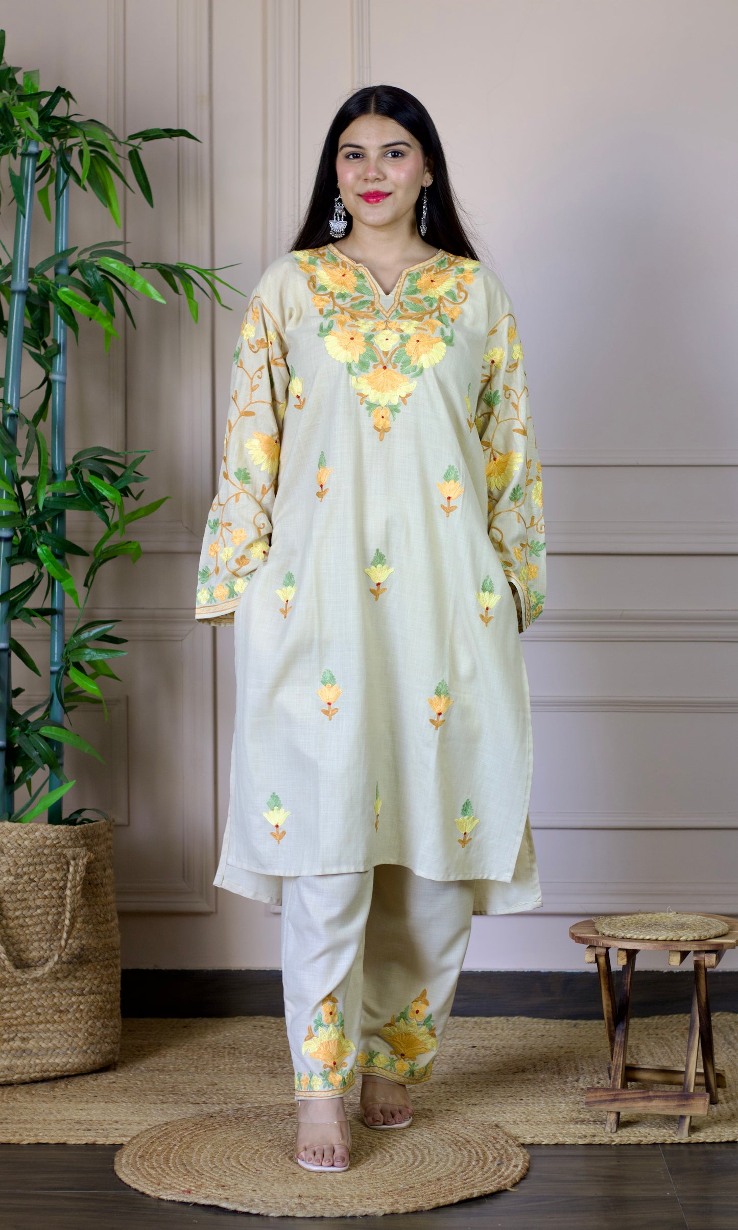 Beige Aari Embroidered Cotton Co-ord Set