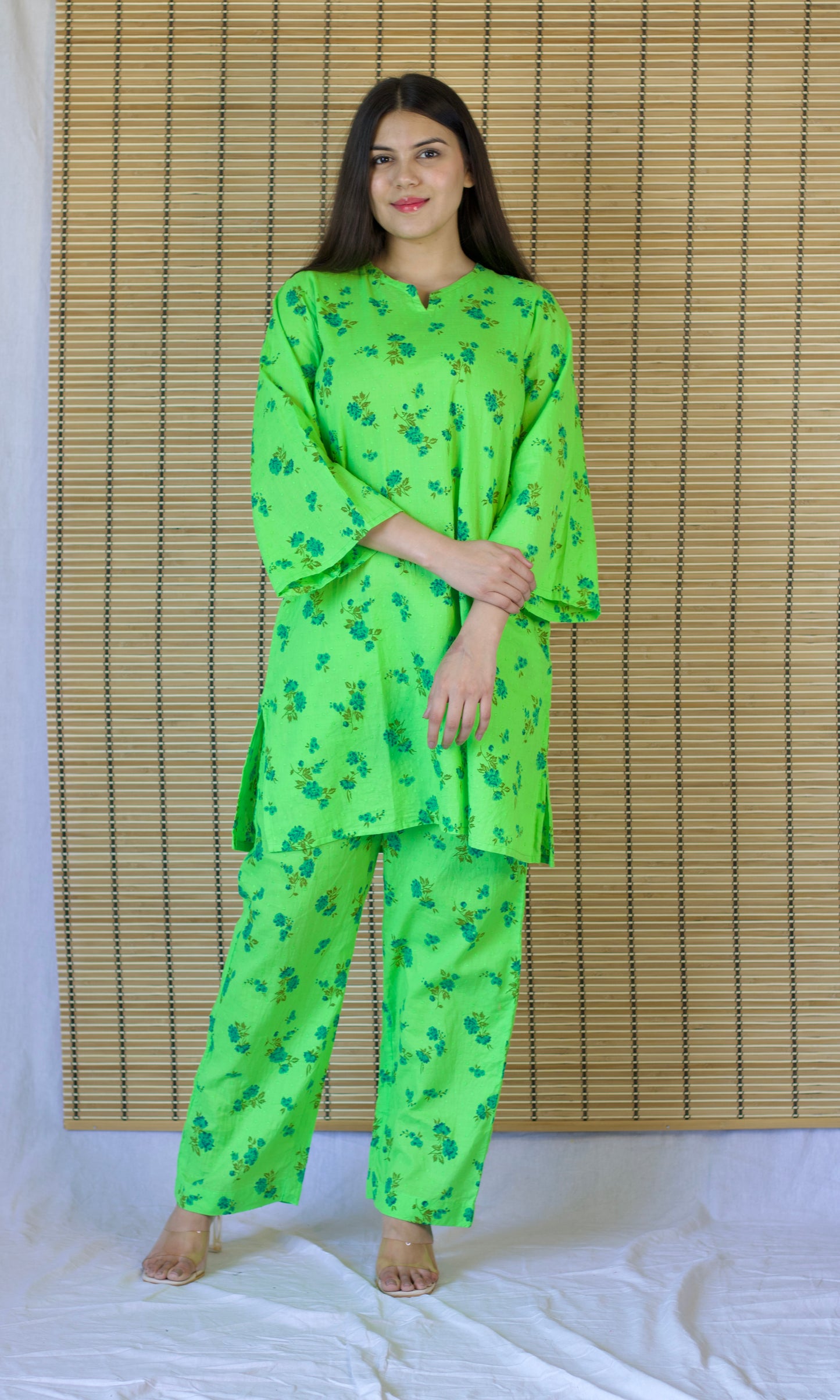 Neon Green Relaxed Fit Cotton Co-ord Set with Bell Sleeves