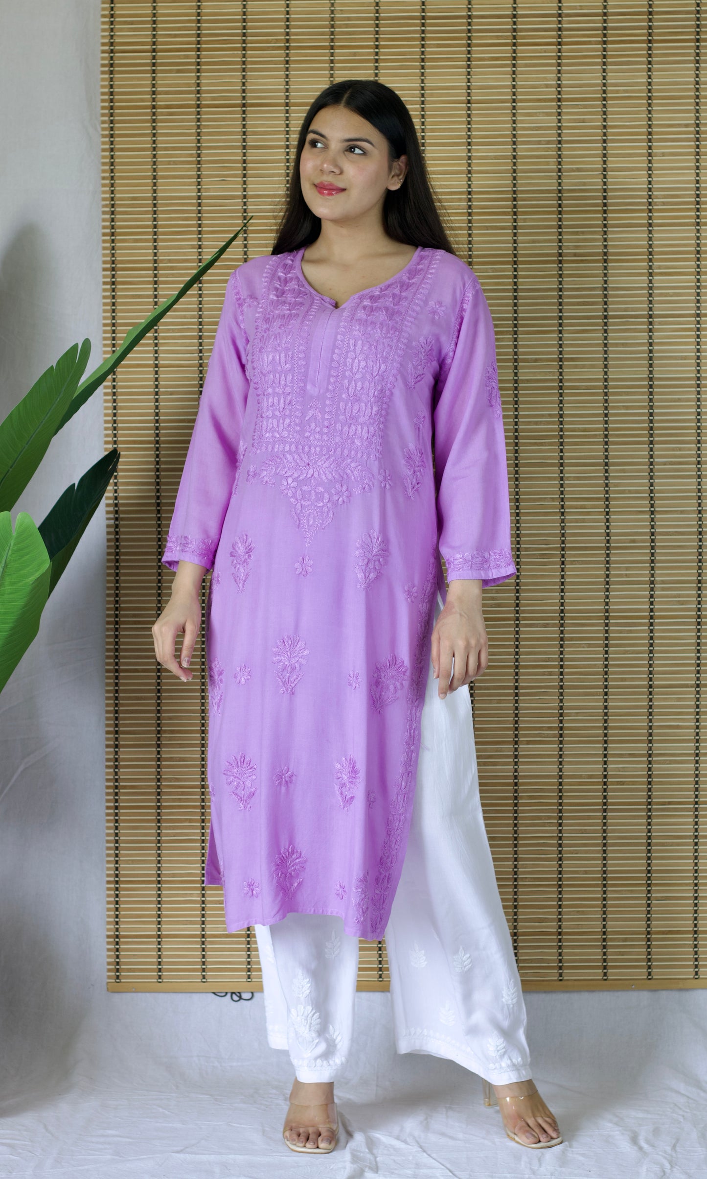 Rayon Chikankari Long Kurta – Lavender