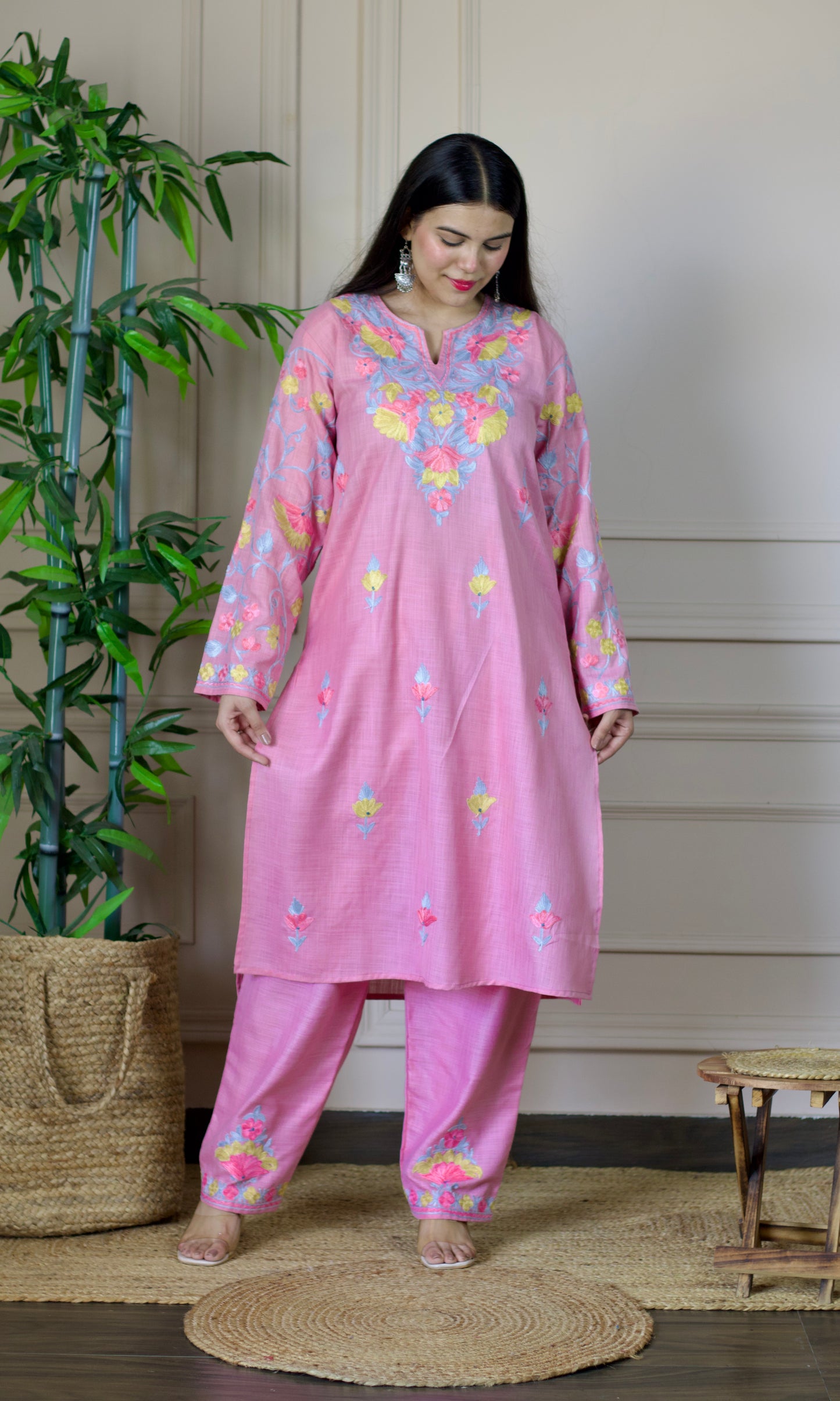 Light Pink Aari Embroidered Cotton Co-ord Set