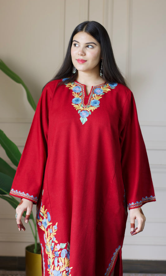 Ruby Bloom Aari Embroidered Fine Cashmilon Pheran