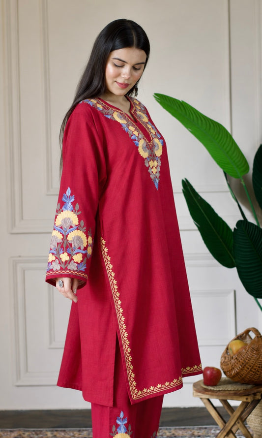 Maroon Kashmiri Aari Embroidered Kurta Set