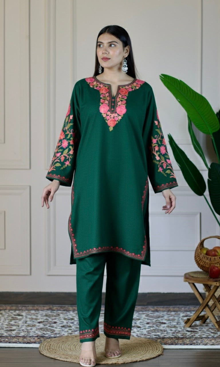 Bottle Green Kashmiri Aari Woollen Co-ord Set - Blush Bloom