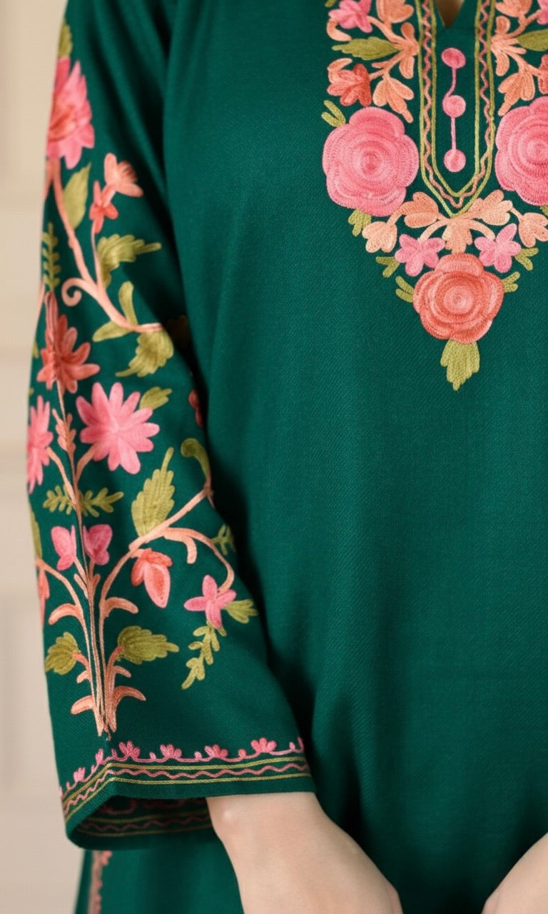 Bottle Green Kashmiri Aari Woollen Co-ord Set - Blush Bloom