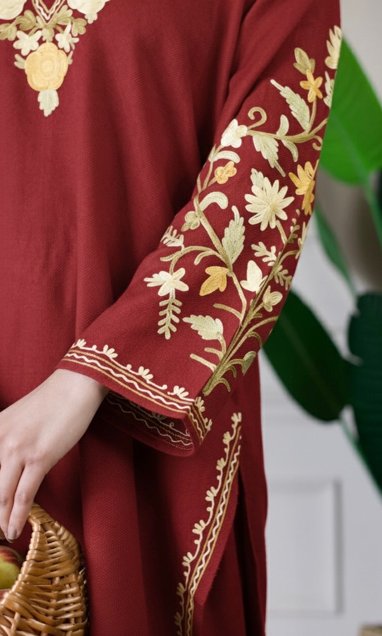 Red Kashmiri Aari Woollen Co-ord Set - Golden Dawn