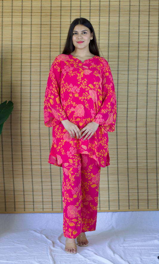 Pink Floral Print Relaxed Fit Co-ord Set with Bell Sleeves