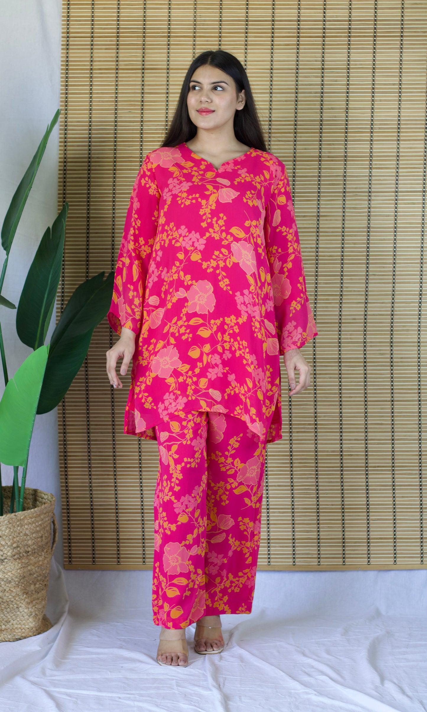 Pink Floral Print Relaxed Fit Co-ord Set with Bell Sleeves