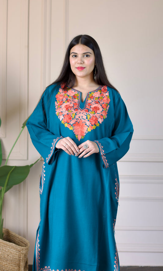 Sea Green Blossom Aari Embroidered Fine Cashmilon Pheran