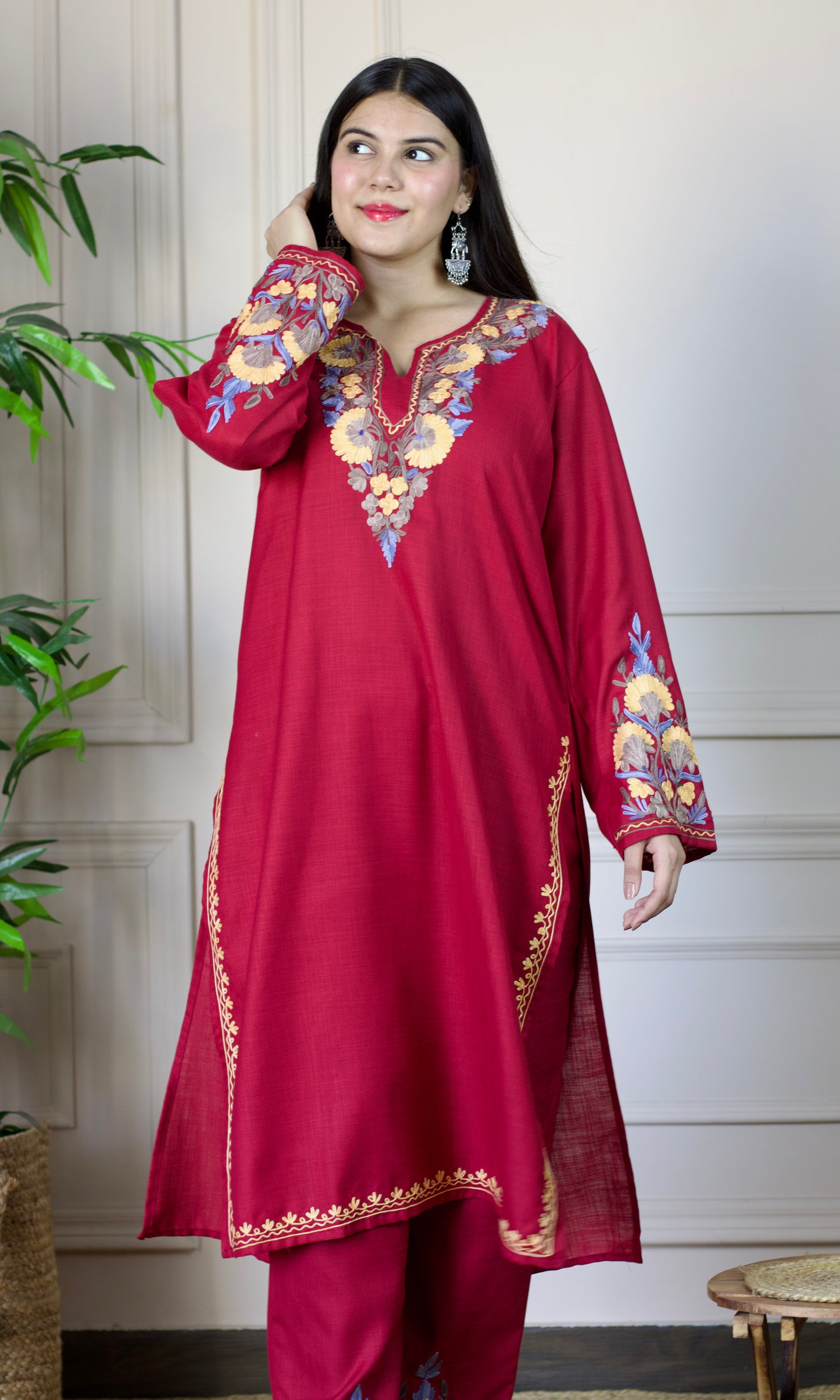 Maroon Aari Embroidered Cotton Co-ord Set