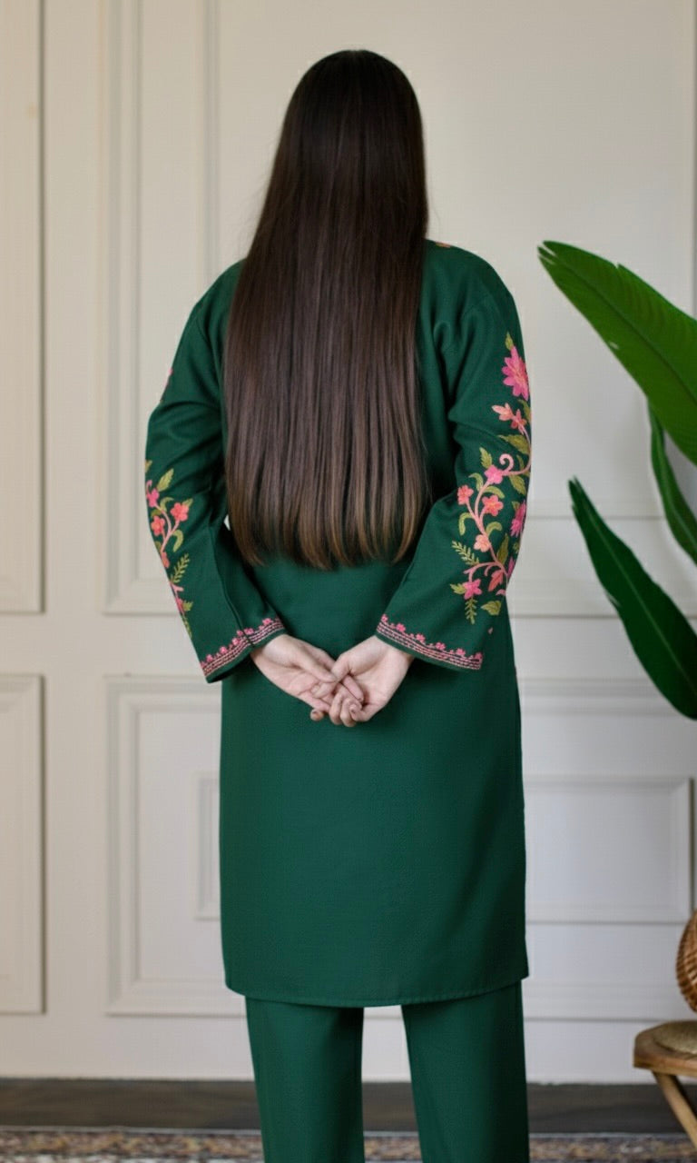 Bottle Green Kashmiri Aari Woollen Co-ord Set - Blush Bloom
