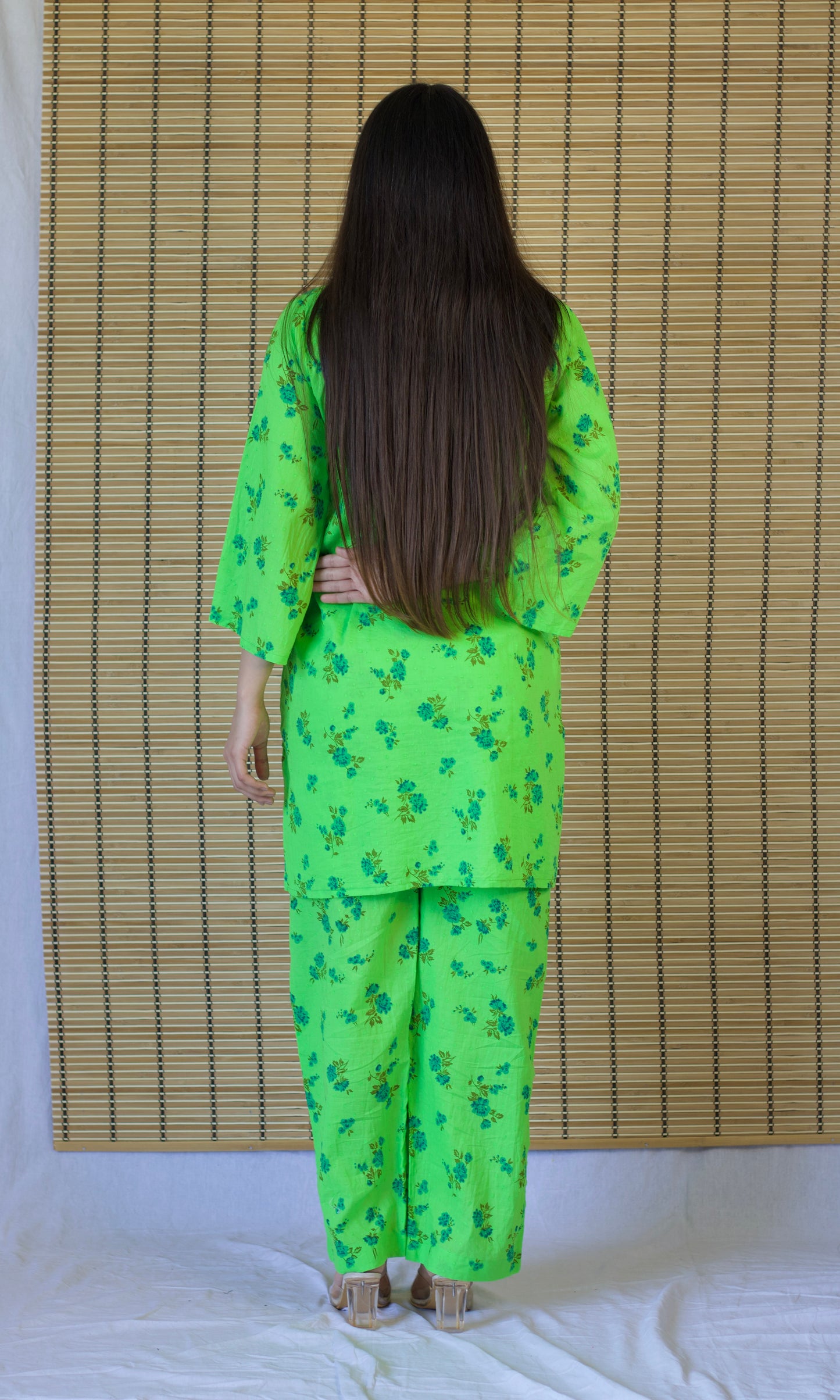 Neon Green Relaxed Fit Cotton Co-ord Set with Bell Sleeves