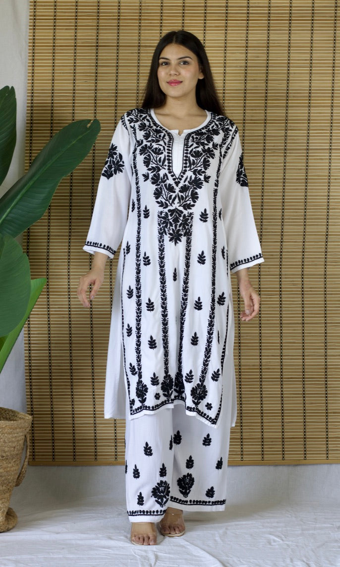 Rayon Chikankari Co-ord Set – Black & White