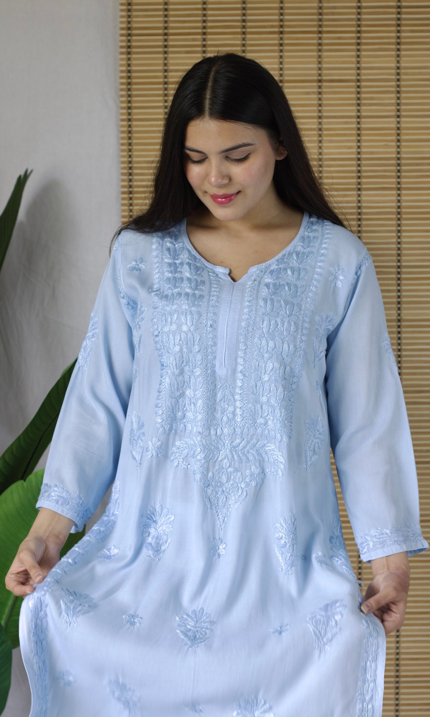 Rayon Chikankari Long Kurta – Light Blue