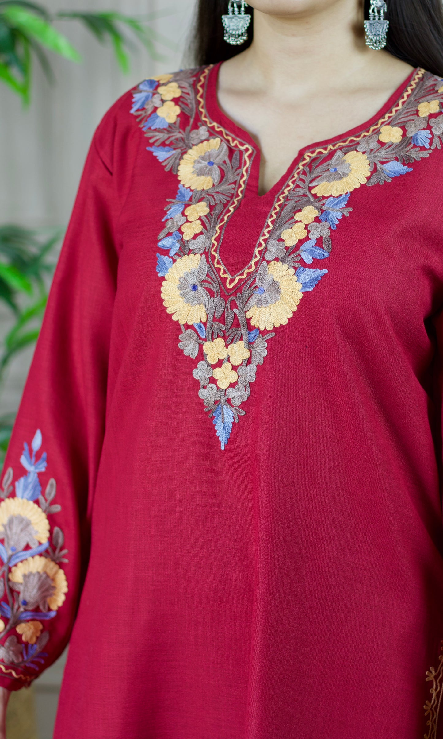 Maroon Aari Embroidered Cotton Co-ord Set