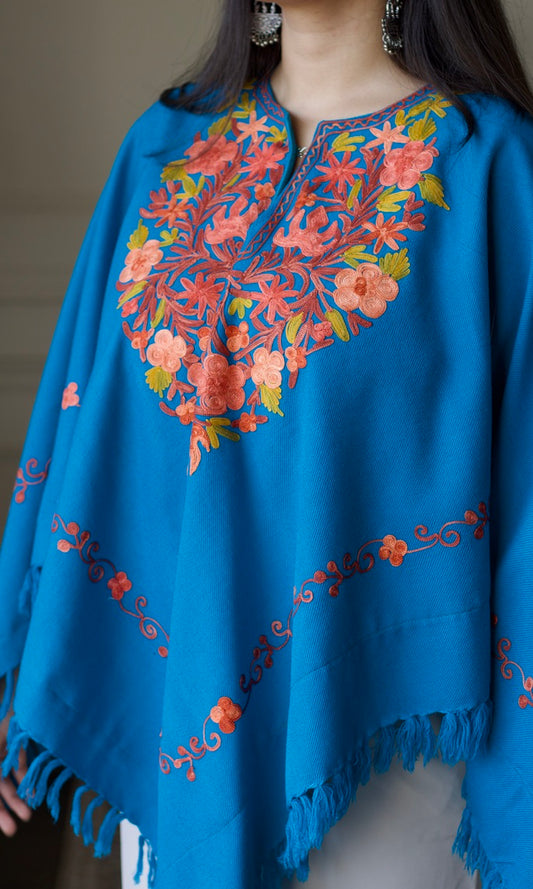 Sky Blue Aari Embroidered Fine Cashmilon Poncho