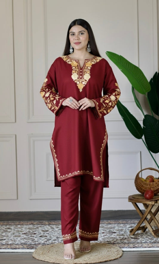 Red Kashmiri Aari Woollen Co-ord Set - Golden Dawn