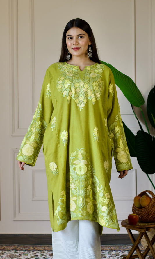 Light Green Aari Embroidered Wool Pheran