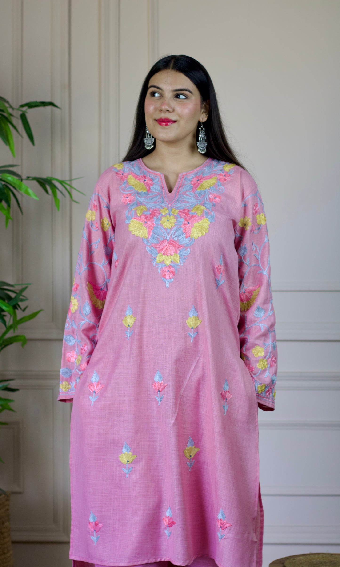 Light Pink Aari Embroidered Cotton Co-ord Set