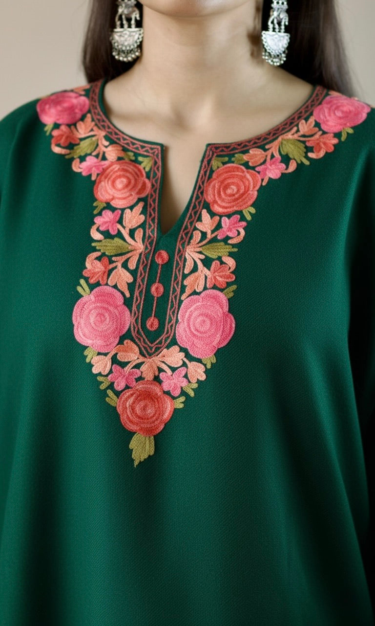 Bottle Green Kashmiri Aari Woollen Co-ord Set - Blush Bloom