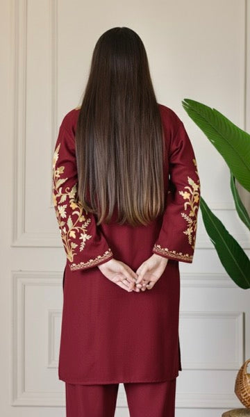 Red Kashmiri Aari Woollen Co-ord Set - Golden Dawn