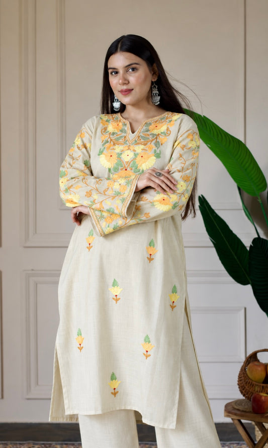 Beige Kashmiri Aari Embroidered Kurta Set