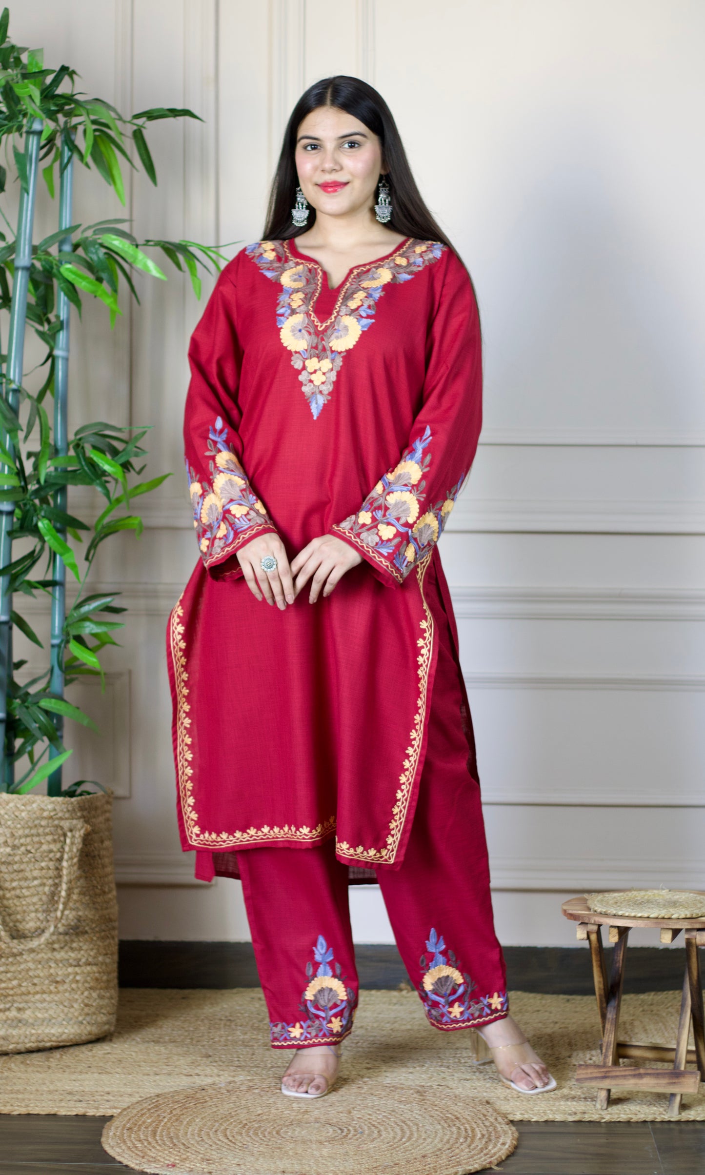 Maroon Aari Embroidered Cotton Co-ord Set