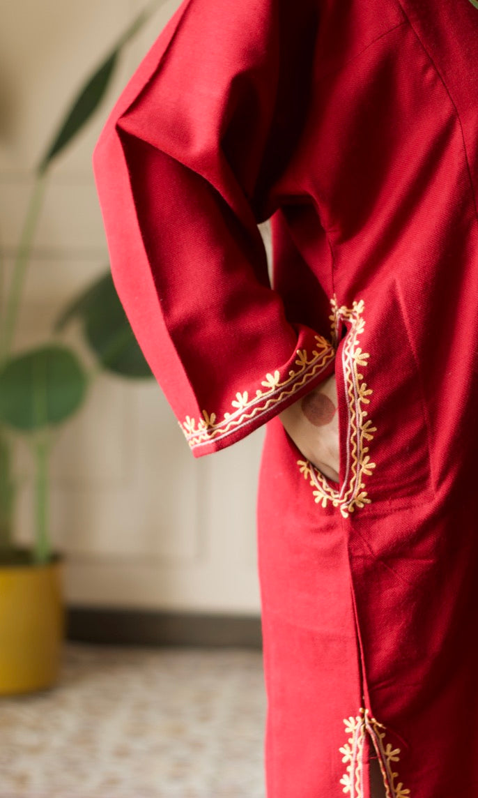 Ruby Flame Aari Embroidered Fine Cashmilon Pheran