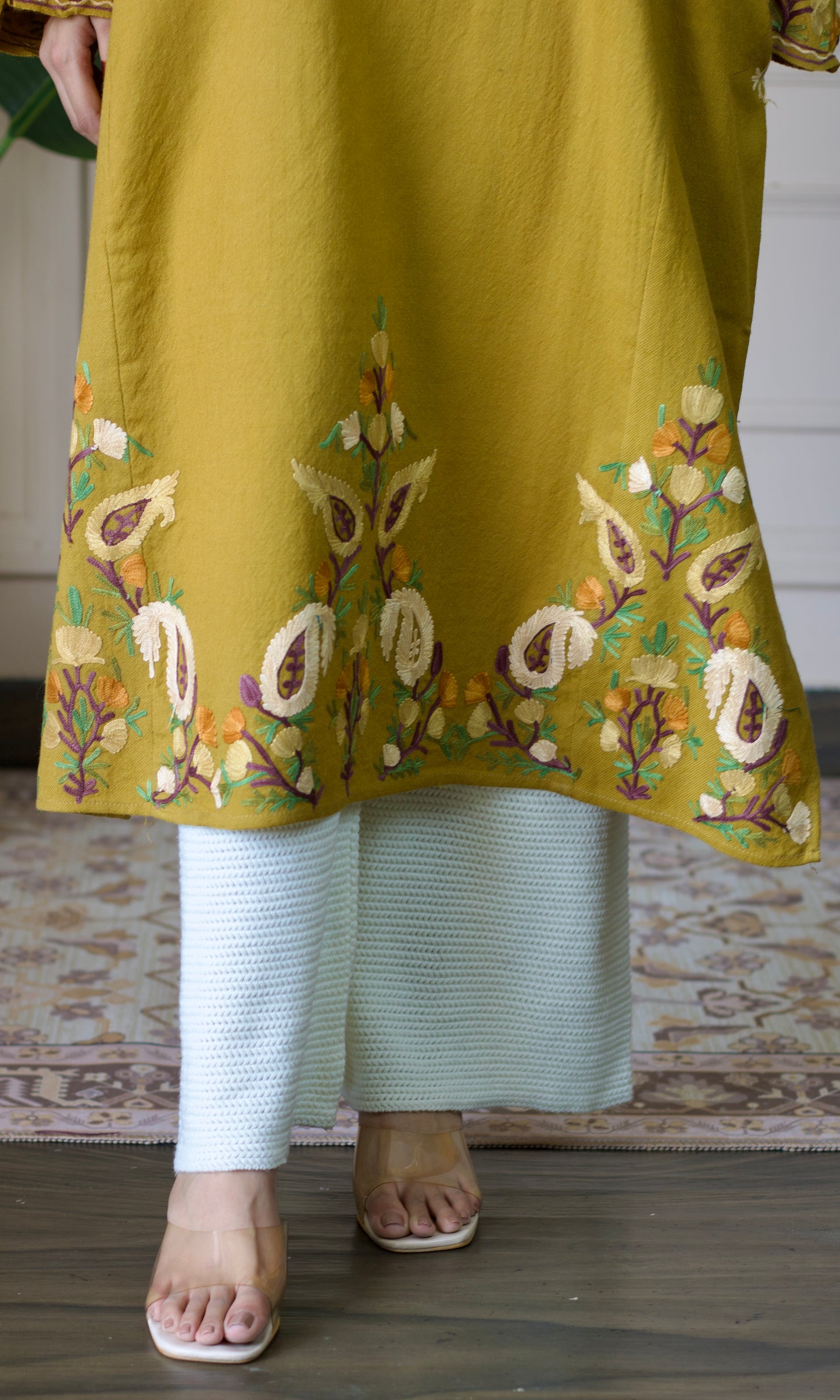 Mustard Aari Embroidered Wool Pheran