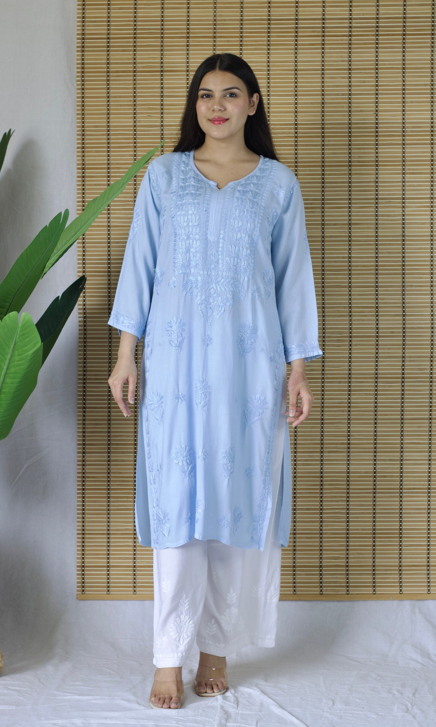 Rayon Chikankari Long Kurta – Light Blue