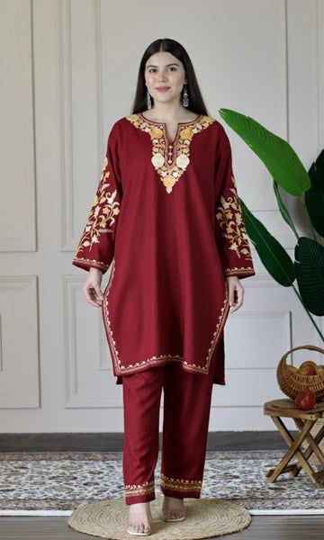 Red Kashmiri Aari Woollen Co-ord Set - Golden Dawn