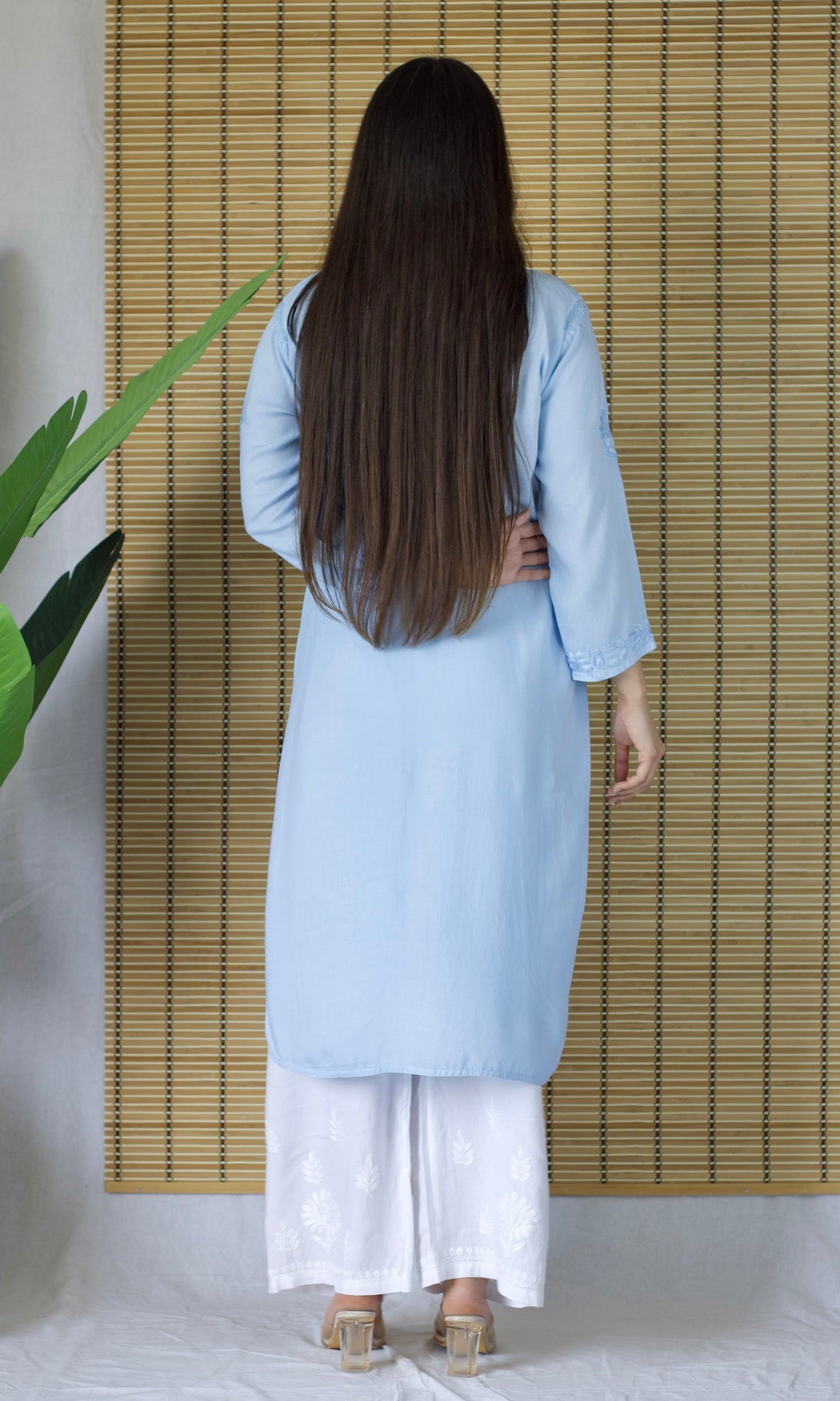 Rayon Chikankari Long Kurta – Light Blue