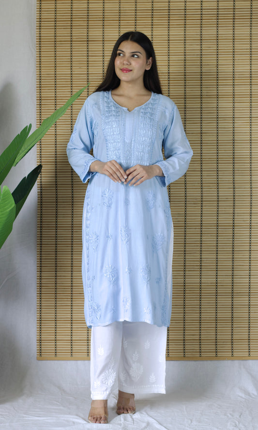 Rayon Chikankari Long Kurta – Light Blue