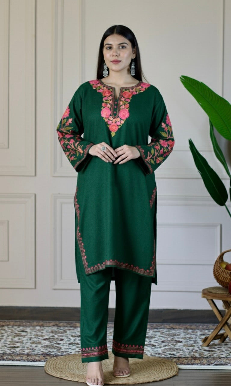 Bottle Green Kashmiri Aari Woollen Co-ord Set - Blush Bloom
