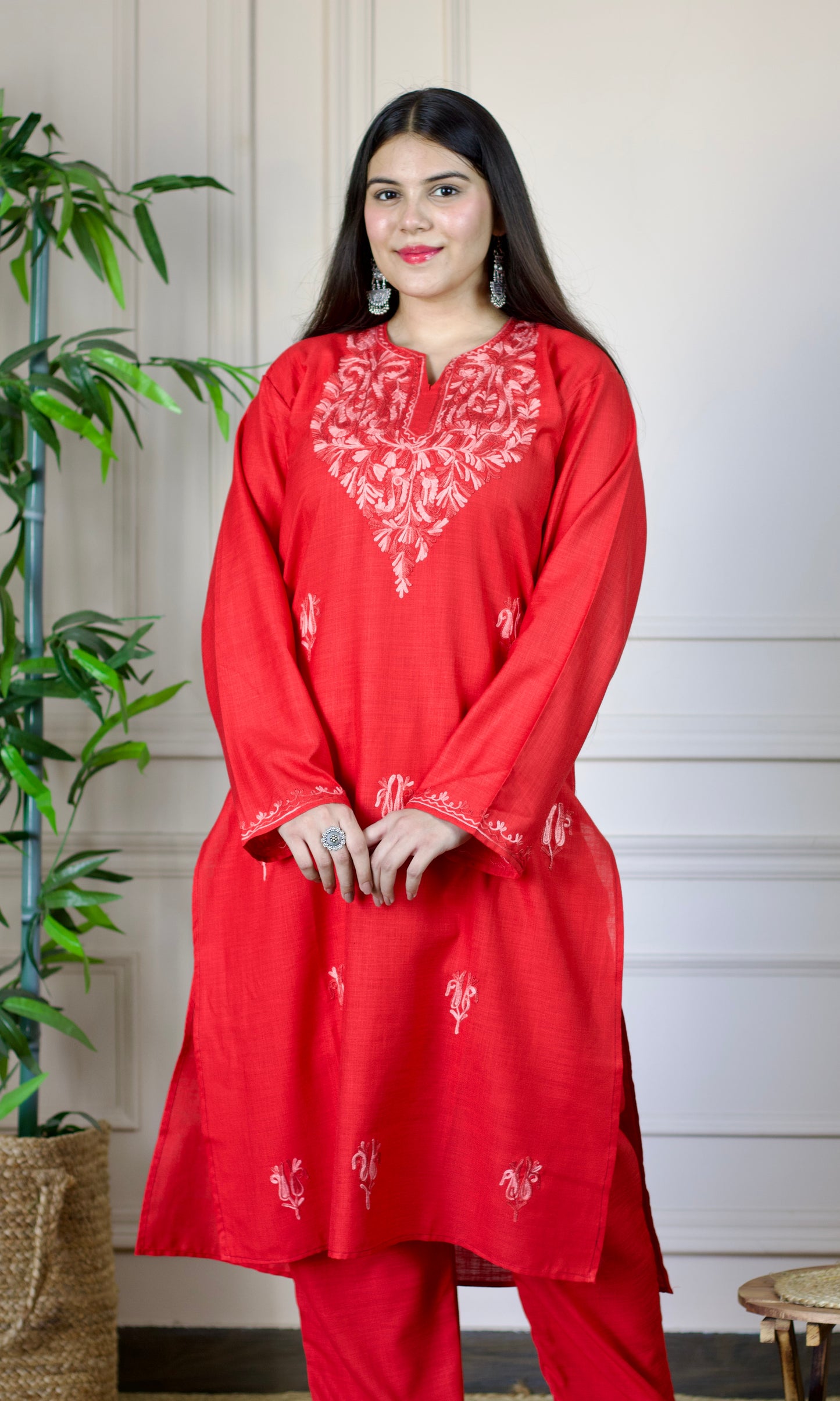 Red Aari Embroidered Cotton Co-ord Set