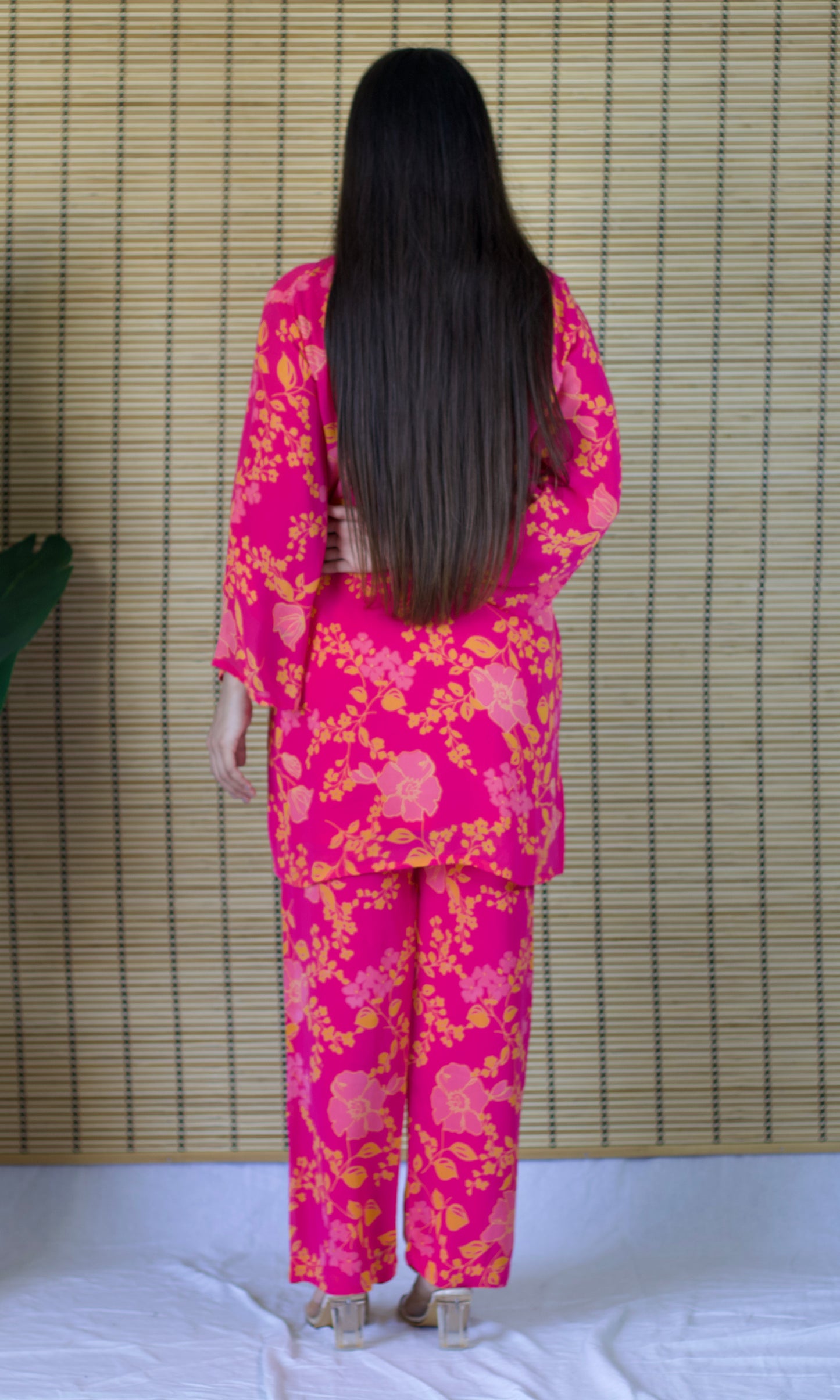 Pink Floral Print Relaxed Fit Co-ord Set with Bell Sleeves