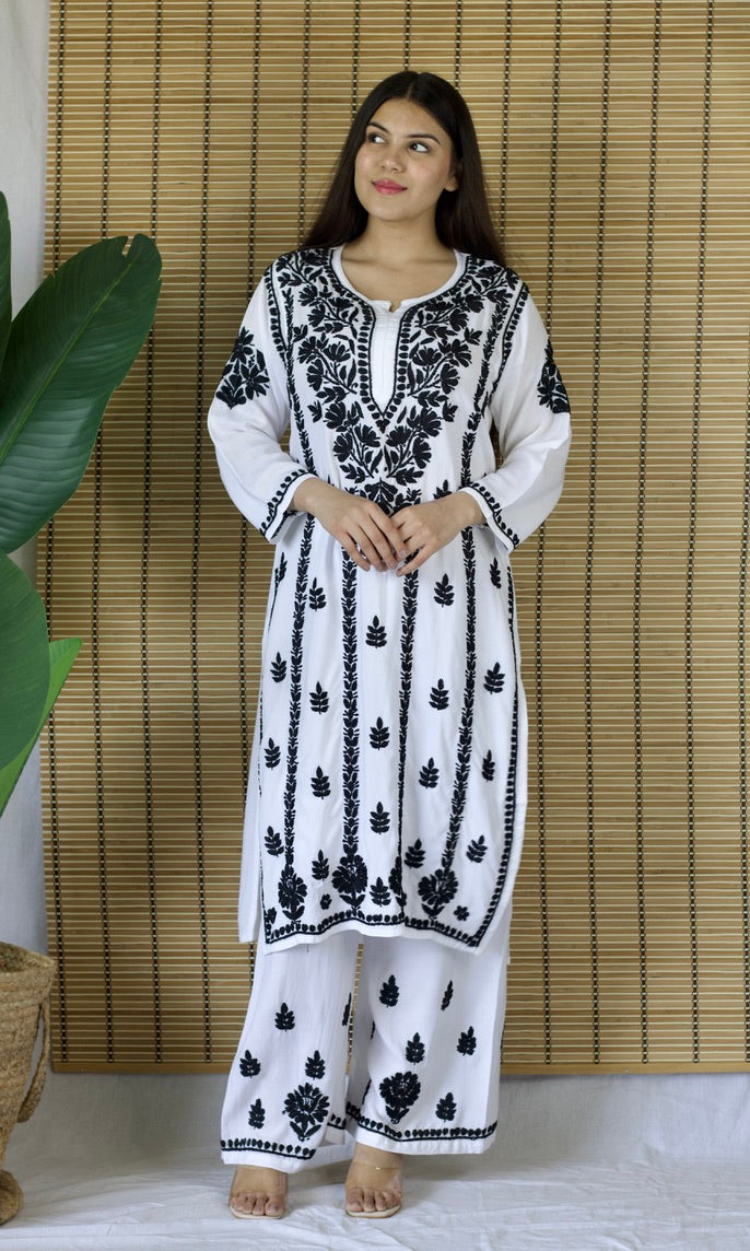 Rayon Chikankari Co-ord Set – Black & White