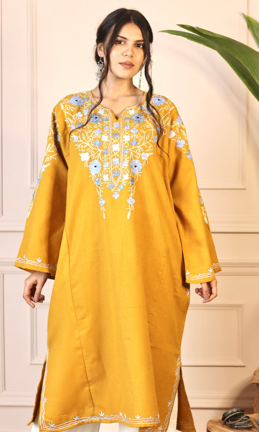 Mustard Aari Embroidered Fine Cashmilon Pheran
