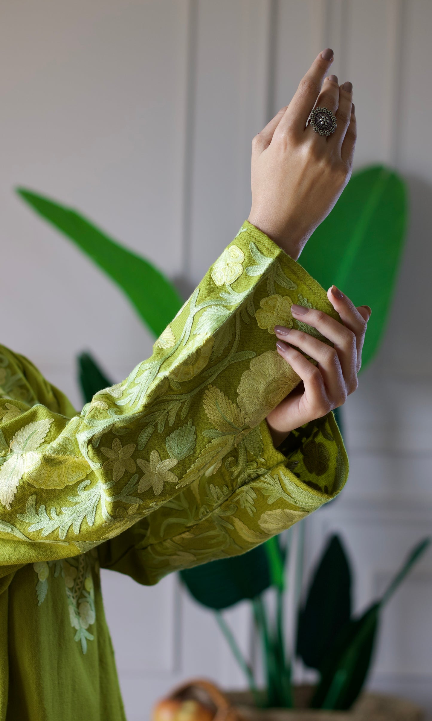 Light Green Aari Embroidered Wool Pheran