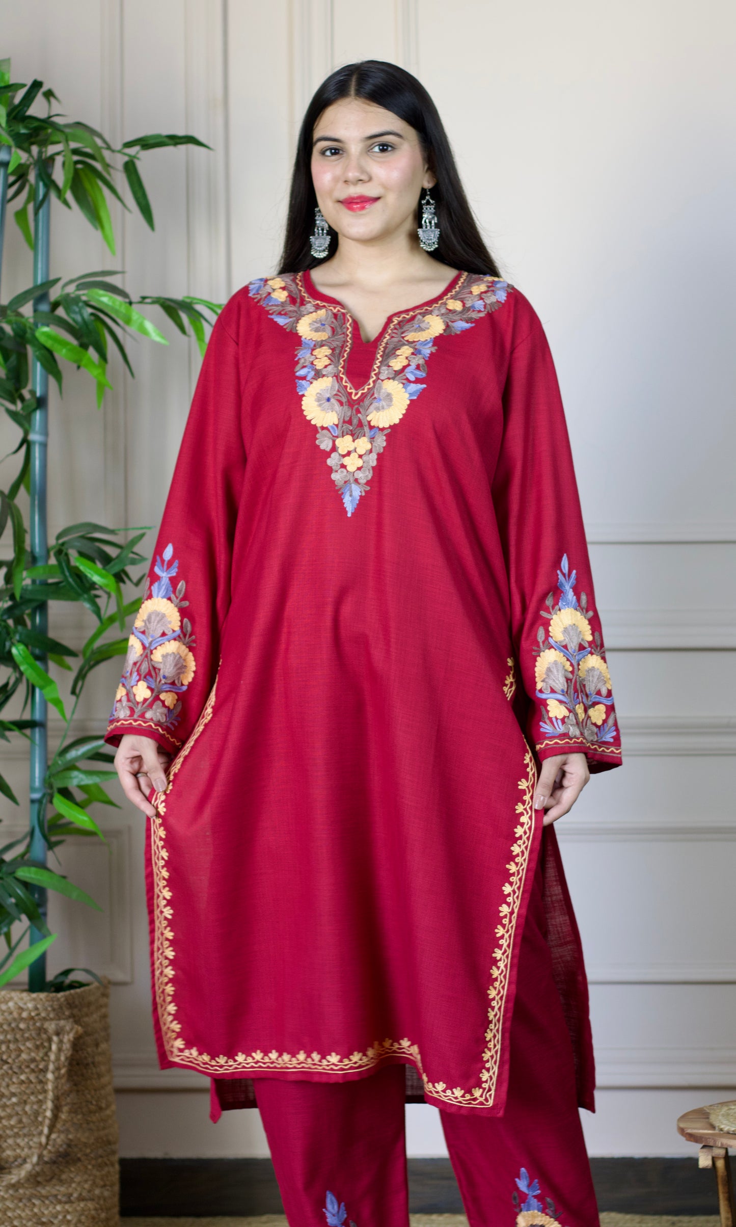 Maroon Aari Embroidered Cotton Co-ord Set