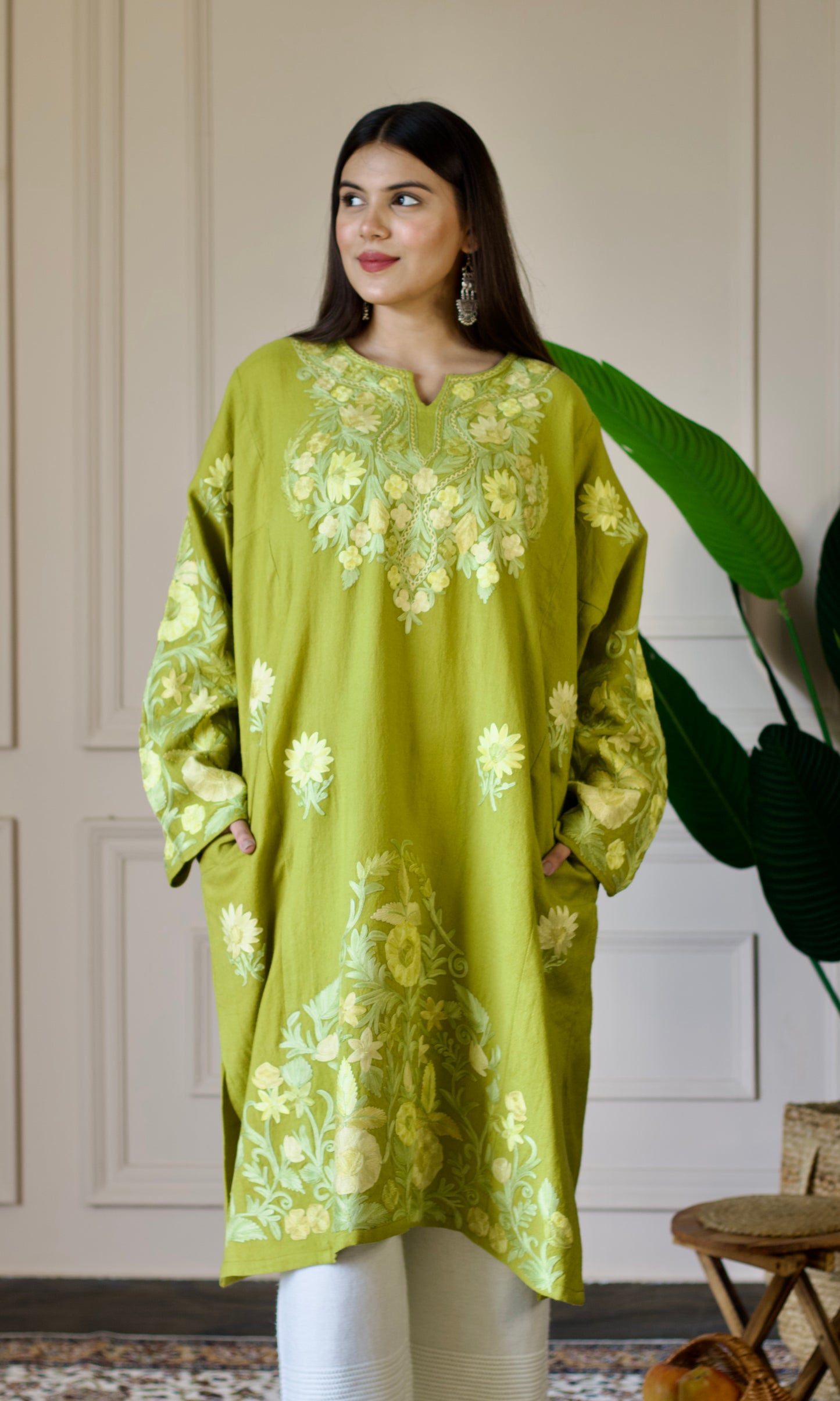 Light Green Aari Embroidered Wool Pheran