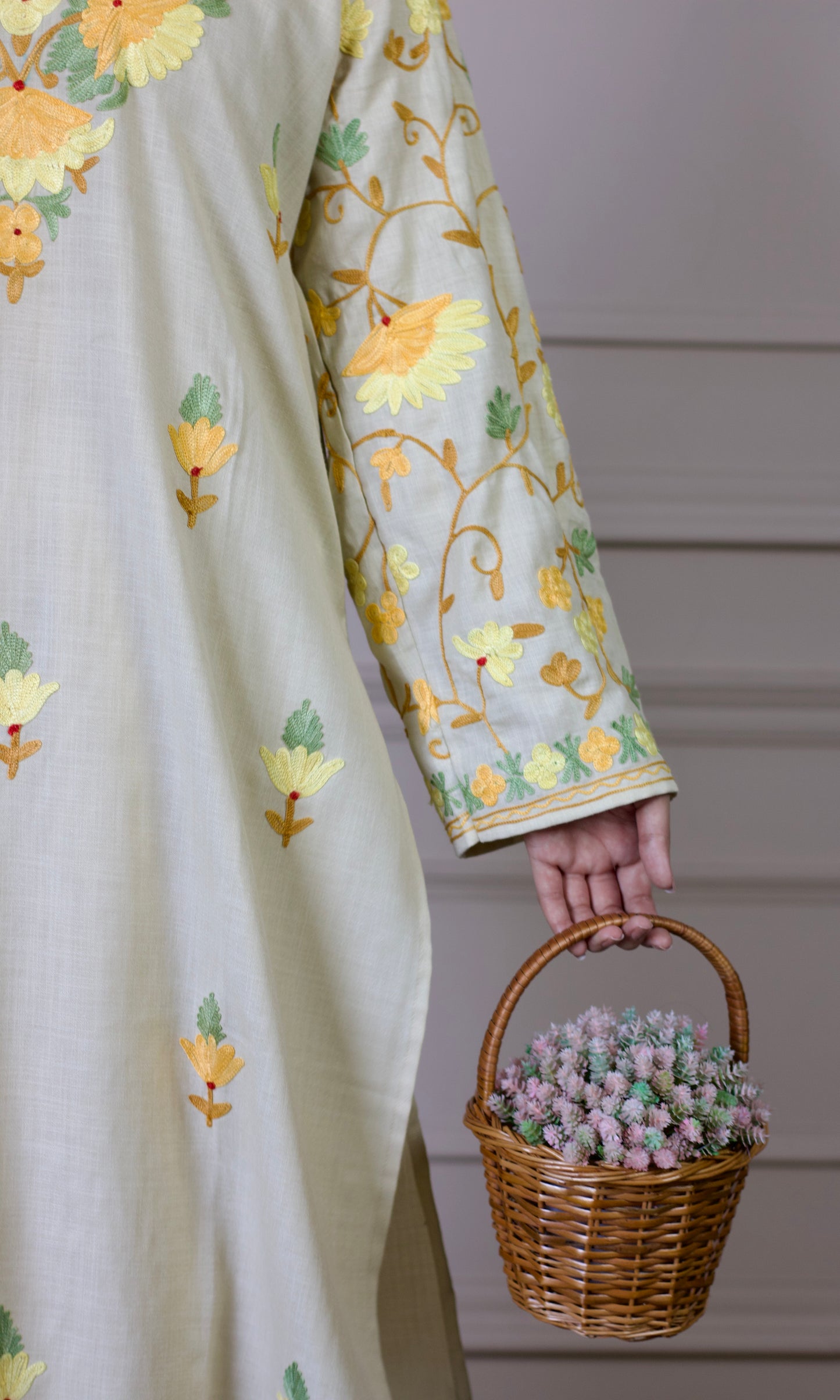 Beige Aari Embroidered Cotton Co-ord Set
