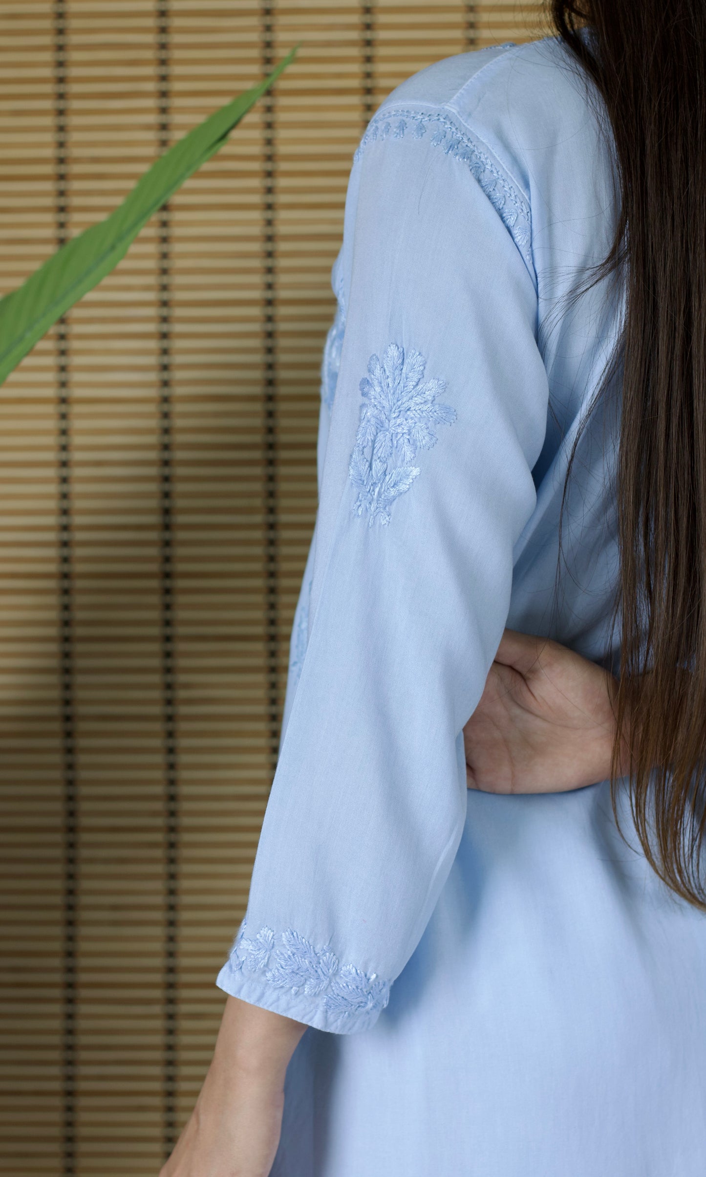 Rayon Chikankari Long Kurta – Light Blue