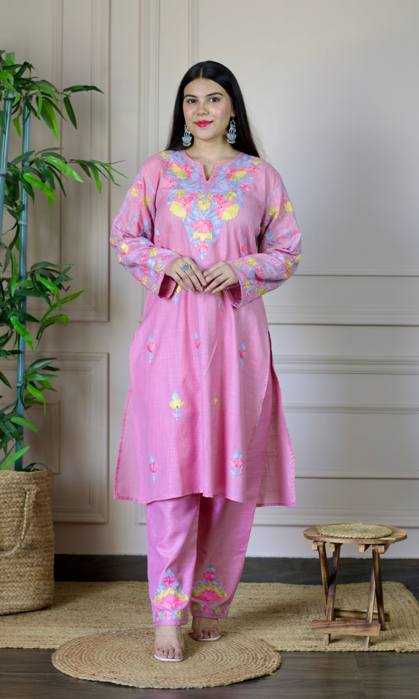 Light Pink Aari Embroidered Cotton Co-ord Set